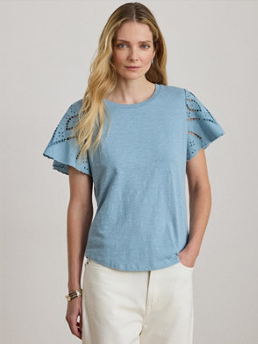 Lauren Ralph Lauren Eyelet Cotton Jersey & Broadcloth Top Blue